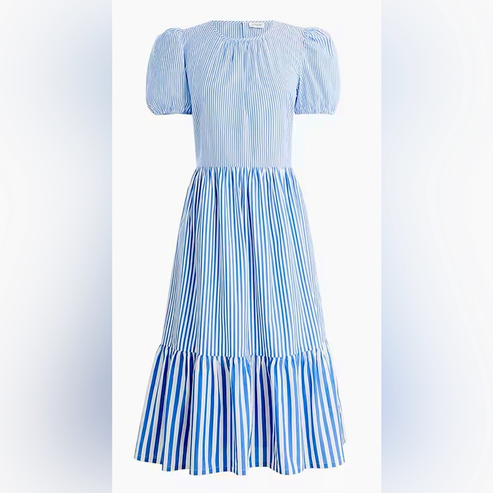 J Crew Factory cotton blend poplin puff sleeve tiered midi dress